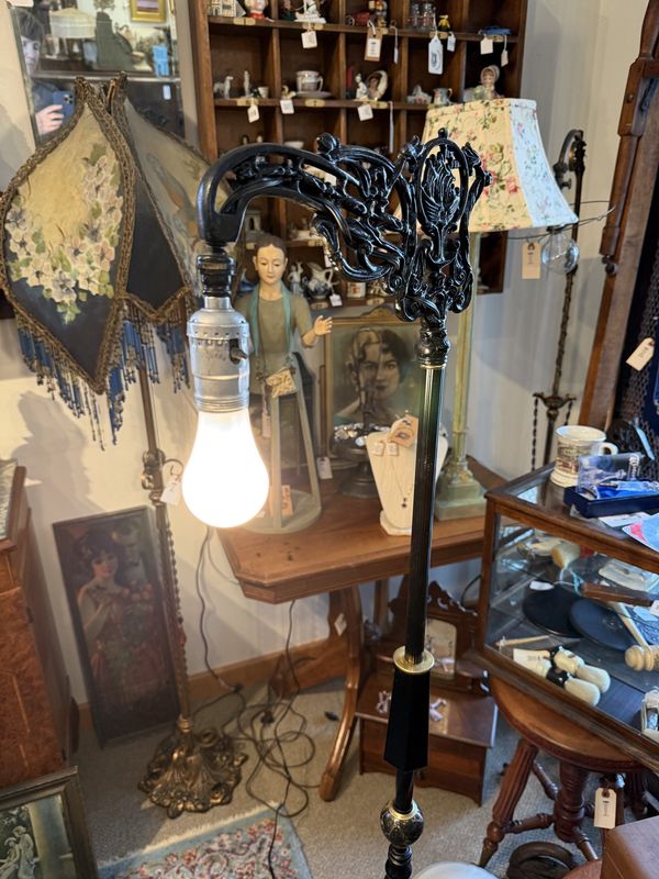Deco Era Black Glass, Iron, and Marble Floor  Lamp Rewired and Working