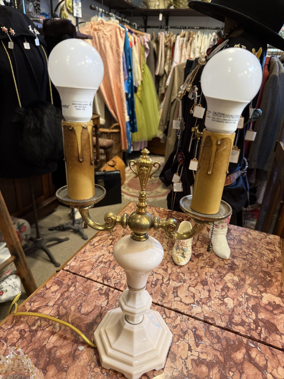 Antique Pink Milk Glass Two Armed Lamp