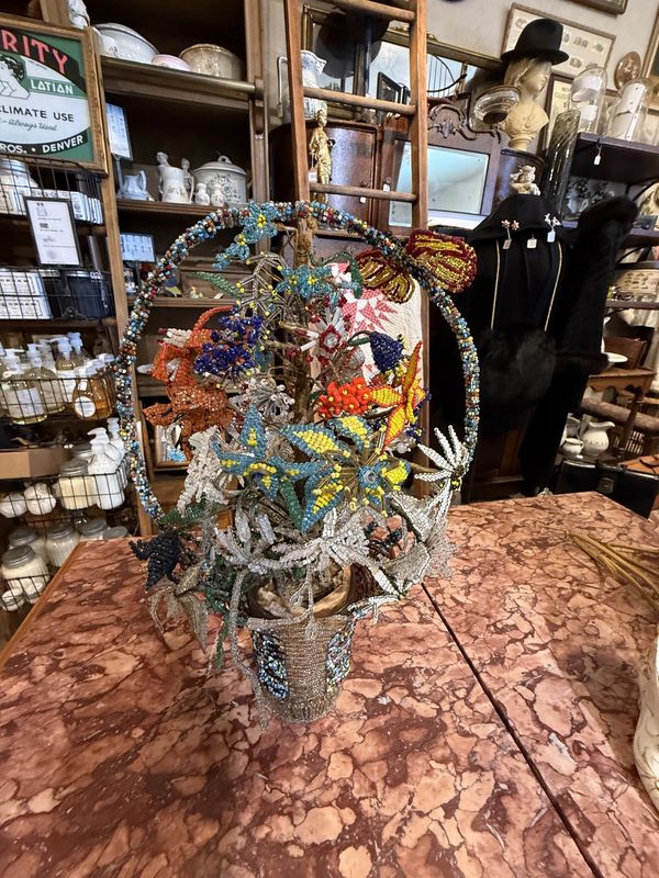 Victorian Ladies Work Bead Work Flower Basket in Uranium Glass Tumbler