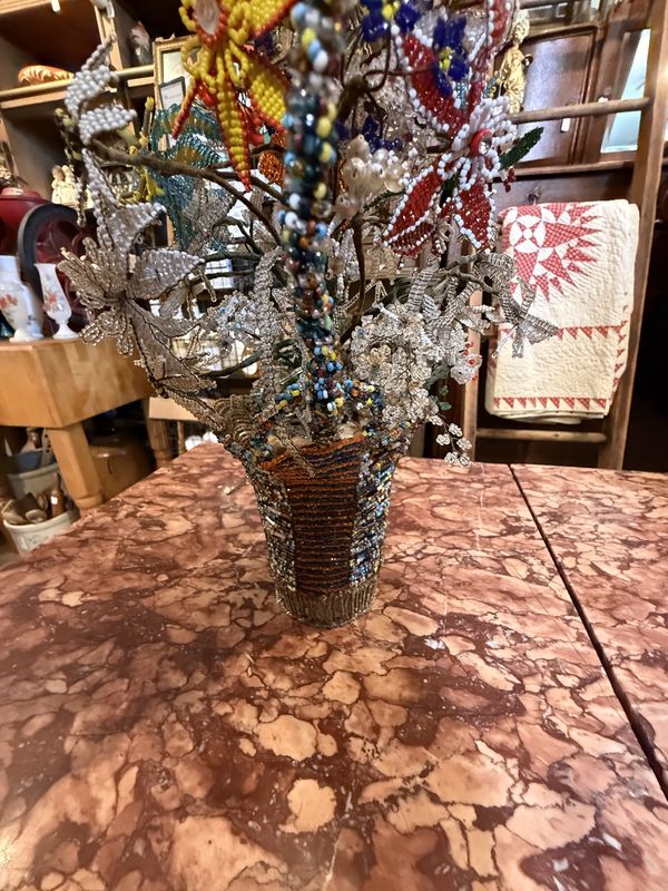Victorian Ladies Work Bead Work Flower Basket in Uranium Glass Tumbler
