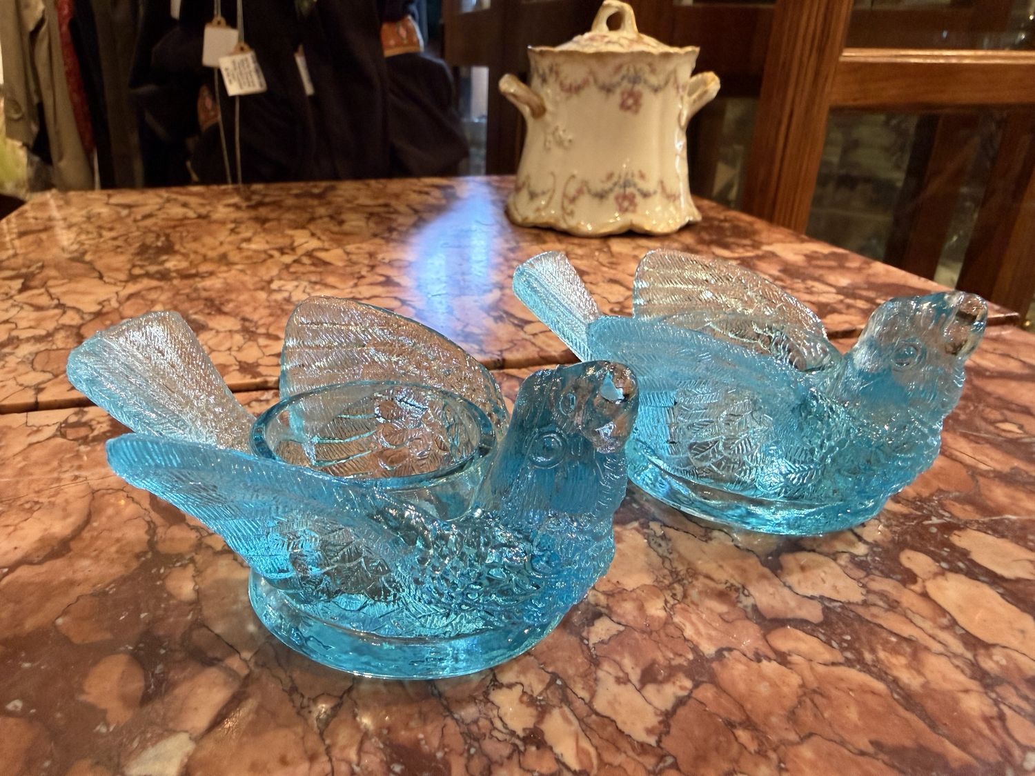 Victorian Aqua Blue Open Salt Bird Subtle Uranium Glow Under Black Light EACH