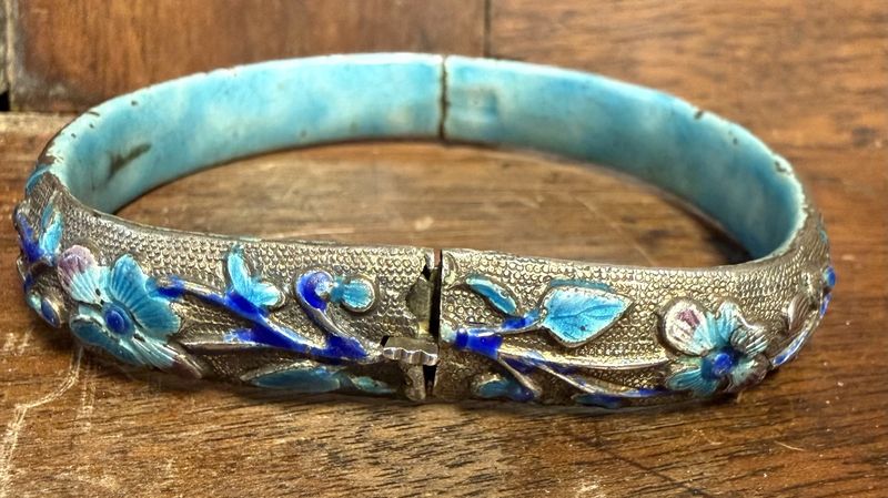 ONE of Two Chinese Silver and Enamel Antique Clamp Bracelet Cloisonne