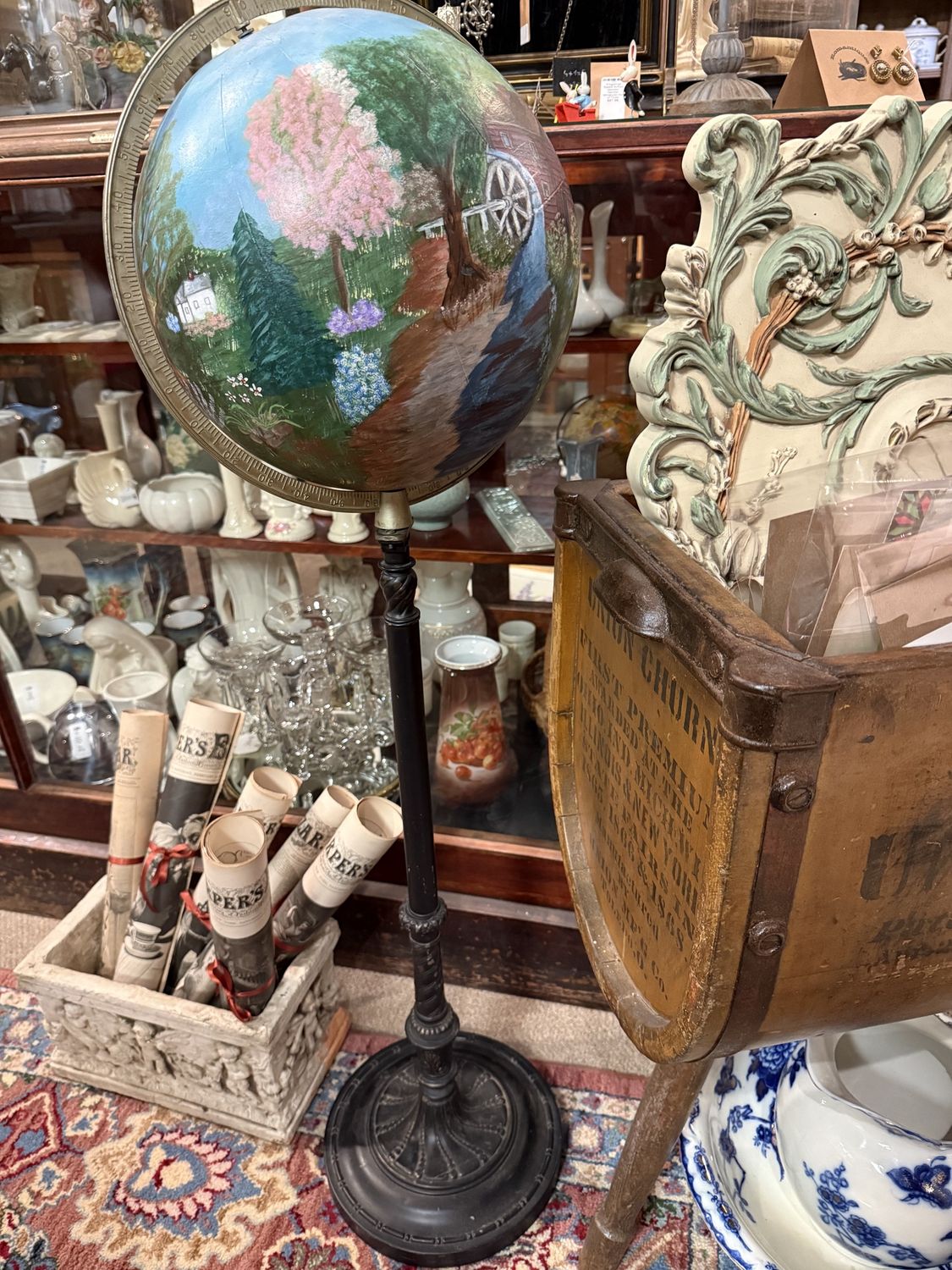 Antique Globe Stand with Pastoral Barn Scene Painted over Globe