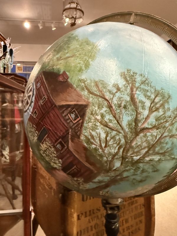 Antique Globe Stand with Pastoral Barn Scene Painted over Globe