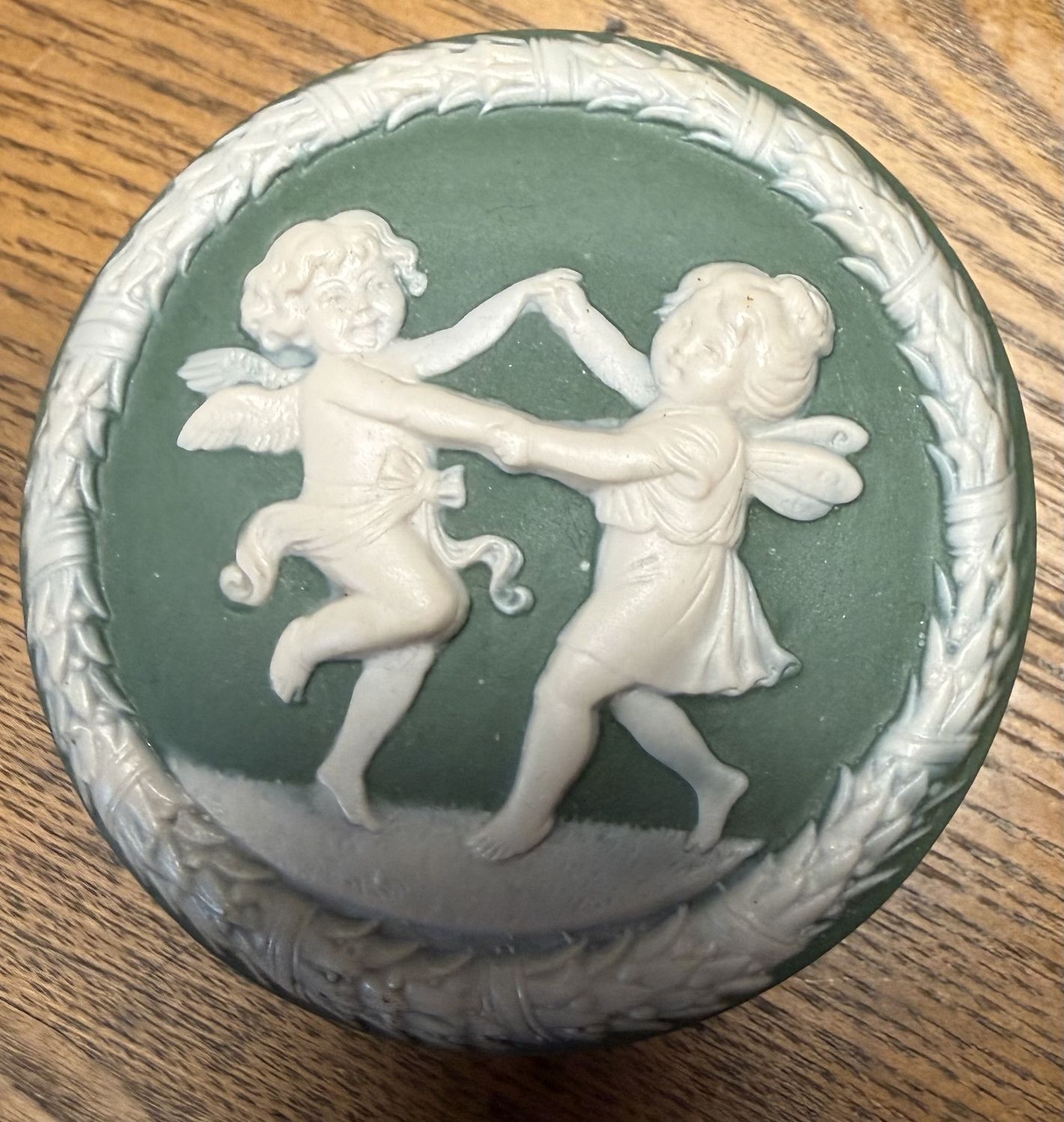Wedgewood Jasperware Green Dancing Fairies Angels Trinket Jar