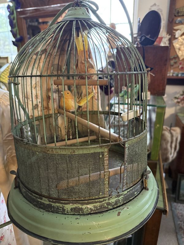 Art deco Green Bird Cage and Stand w/ faux birds and water dish and Cover