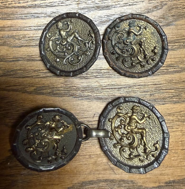 Victorian Picture Buttons Set Flautist Pair of Buttons and Collar/Belt Buckle