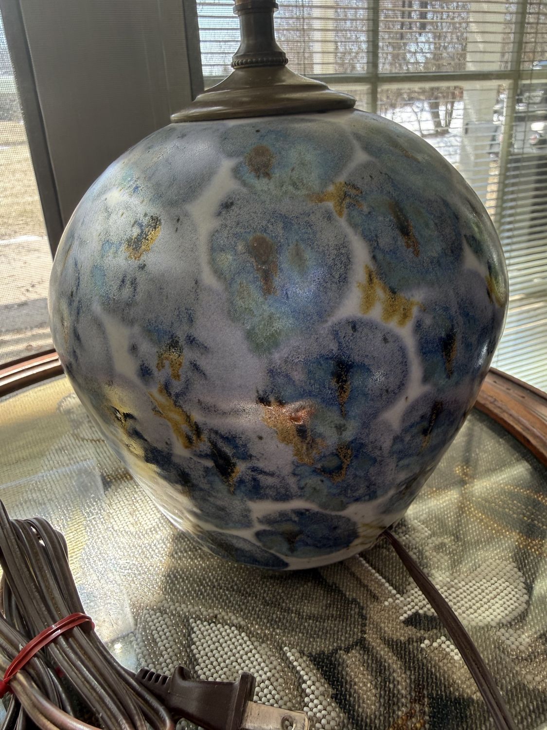 Vintage Glazed Pottery Lamp-Blue Gold Stylized Floral-Signed