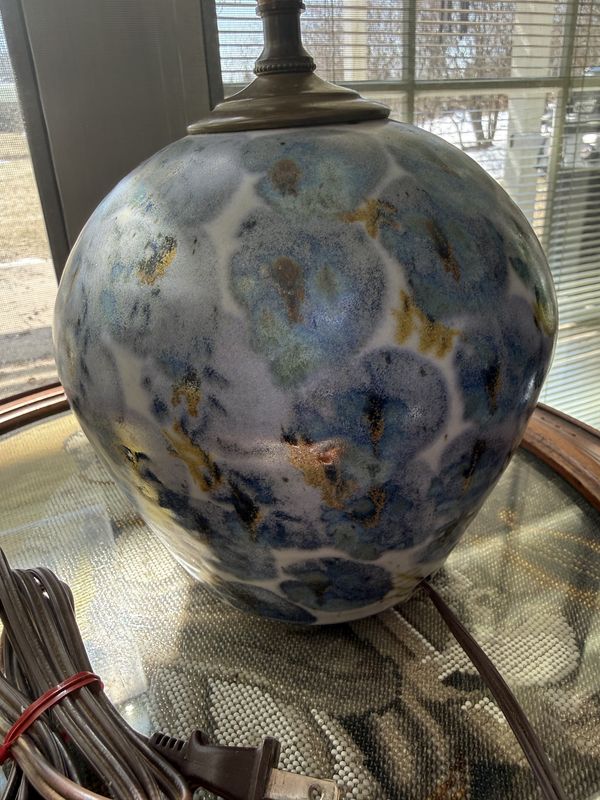 Vintage Glazed Pottery Lamp-Blue Gold Stylized Floral-Signed