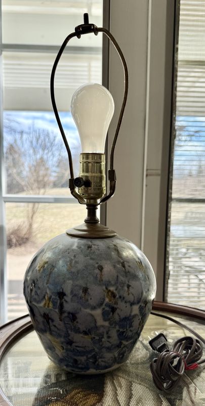 Vintage Glazed Pottery Lamp-Blue Gold Stylized Floral-Signed