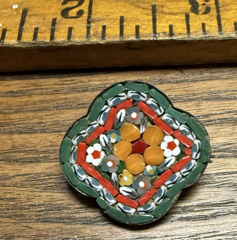 Victorian Micro MosaicBrooch Scatter Pin Italy Red &amp; Green