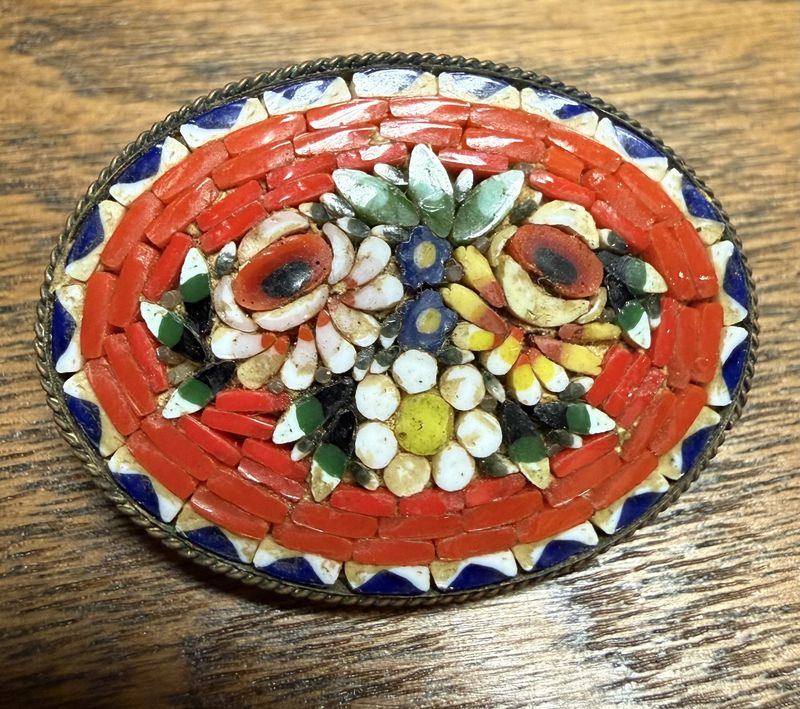 Victorian Micro Mosaic Oval Brooch Floral Red Border