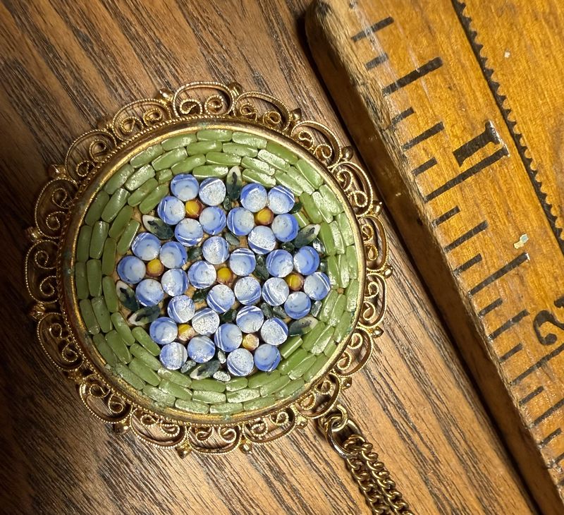 Vintage Forget Me Not Mosaic Pendant on Chain Italy