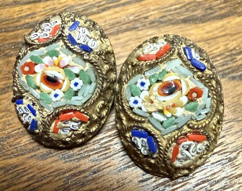 Antique Clip Earrings Mosaic Italy Floral