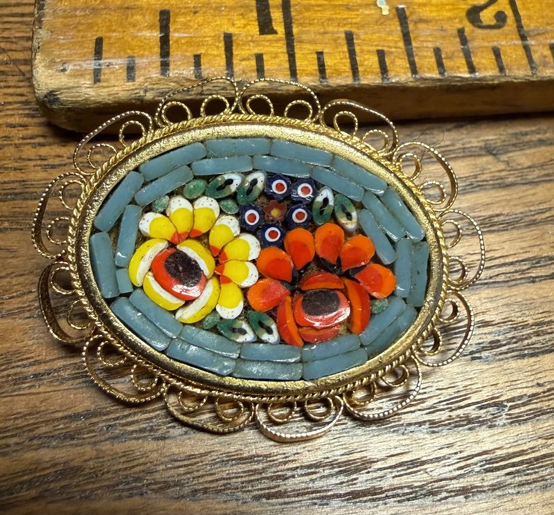 Hand Made Mosaic  Floral Brooch Italy