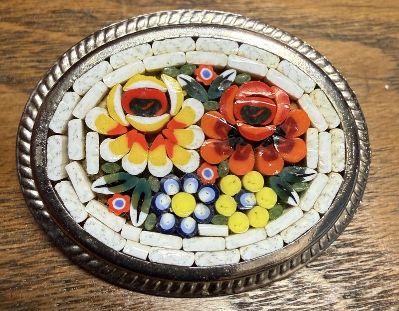 Vintage Mosaic Brooch Floral with White Rim and Silvertone
