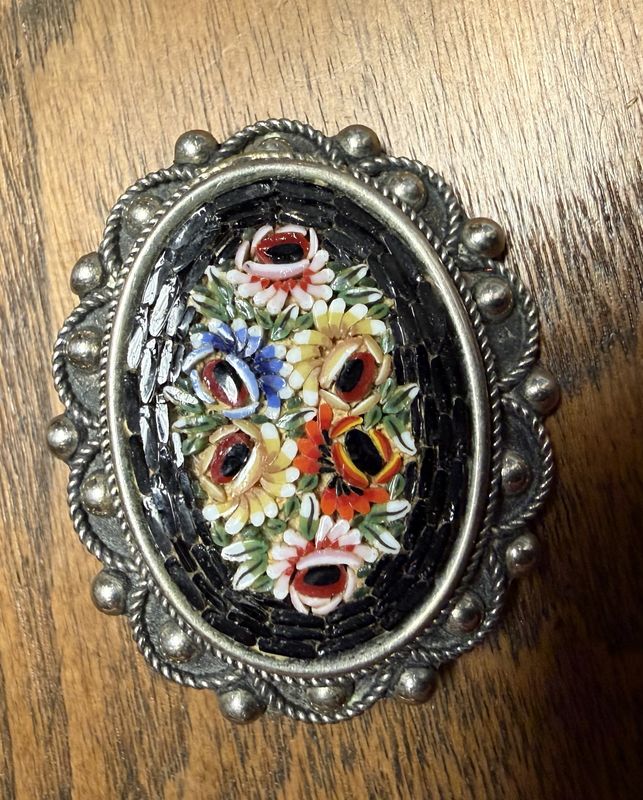 Italy Vintage Mosaic Floral in Black Rim in Silver Tone Pendant Repurposed from Brooch