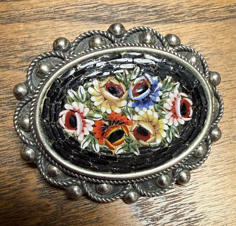 Italy Vintage Mosaic Floral in Black Rim in Silver Tone Pendant Repurposed from Brooch