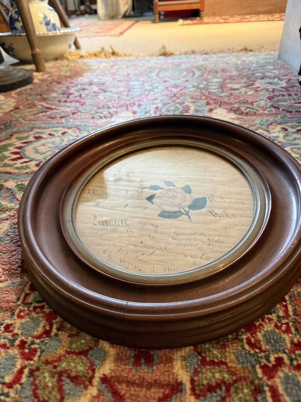 Antique Fraktur Piece with Painted Rose in original Oval Walnut Frame