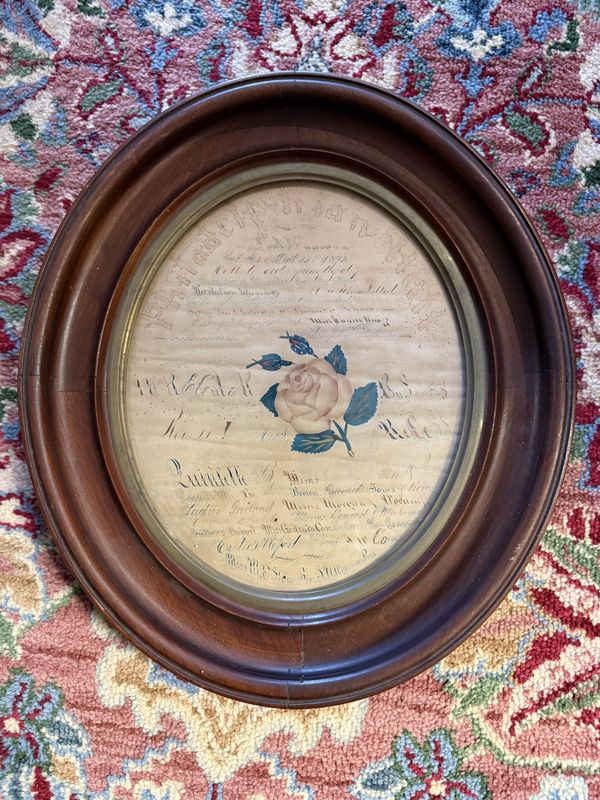 Antique Fraktur Piece with Painted Rose in original Oval Walnut Frame