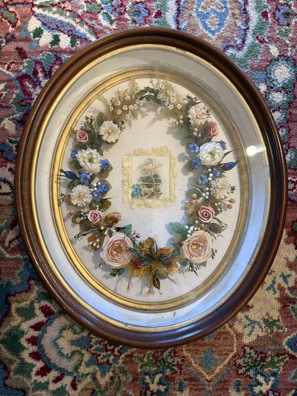 Victorian Pastel Wedding Flower Arrangement in Oval Shadow Frame