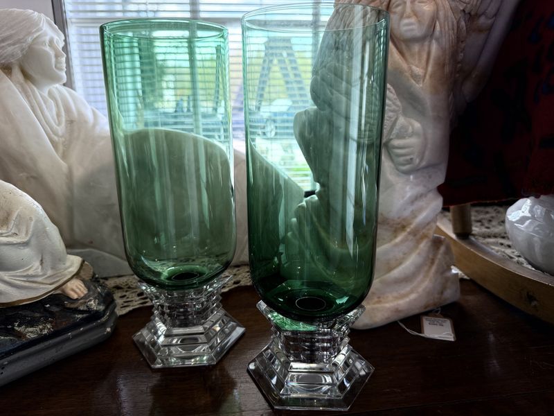Pair Baccarat Vintage Green Crystal Hurricane Candle Lamps