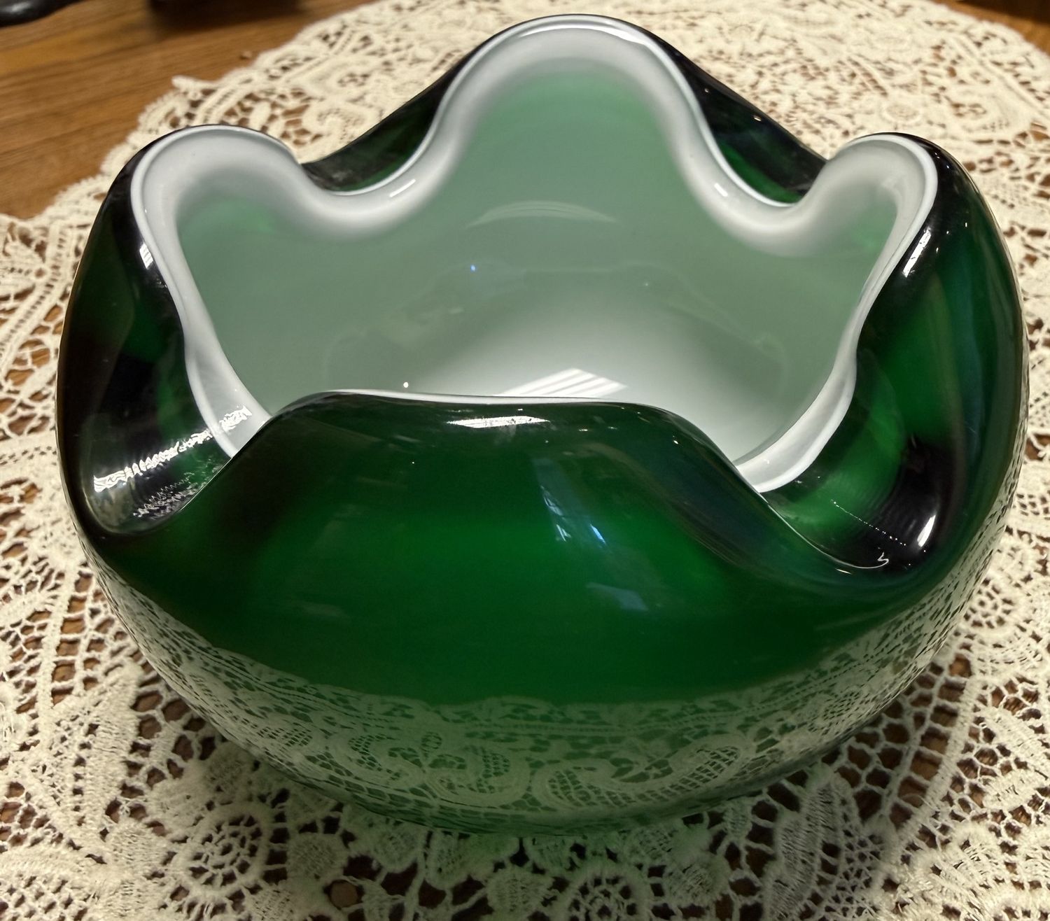 Mid Century Encased Green and White Glass Bowl