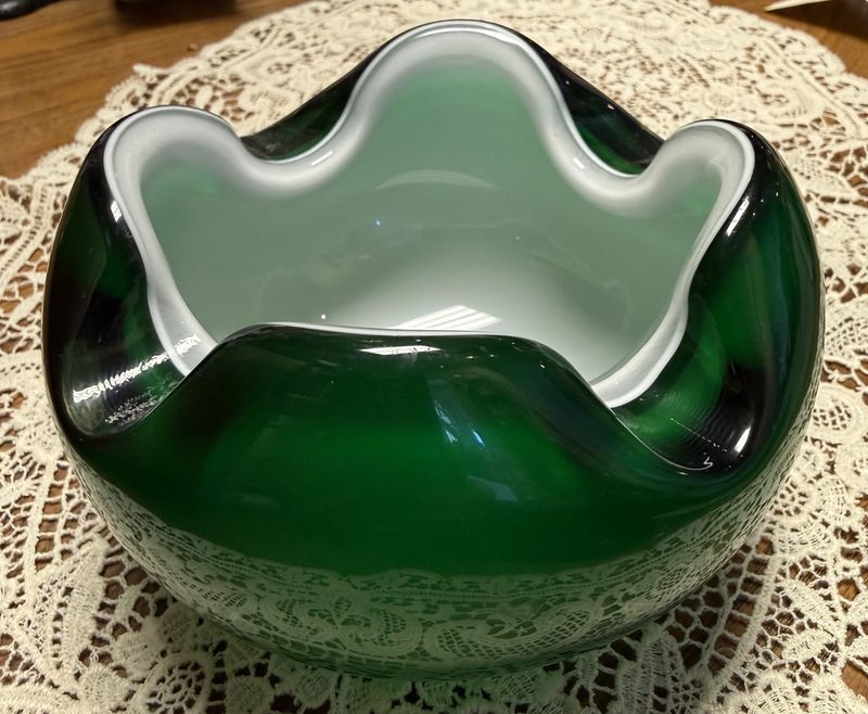 Mid Century Encased Green and White Glass Bowl