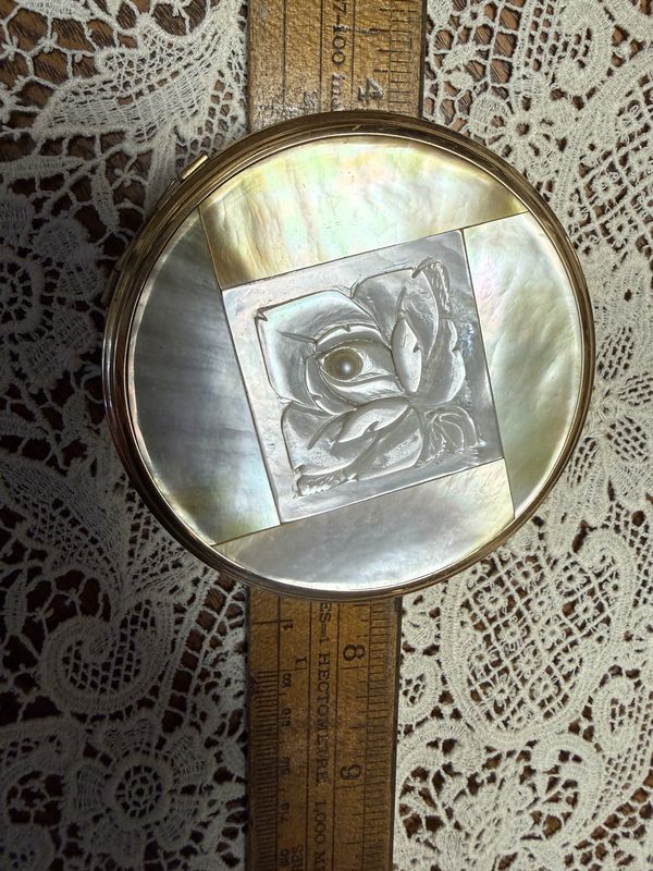 Vintage New Light Carved Mother of Pearl Mirror Powder Compact