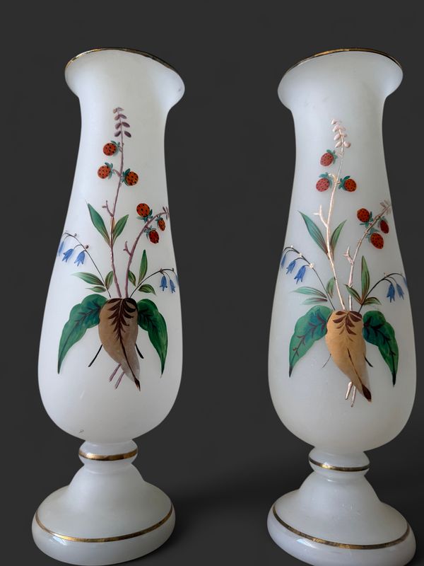 Pair of Victorian Bristol Glass Enamel painted Vases w/Berries and Floral