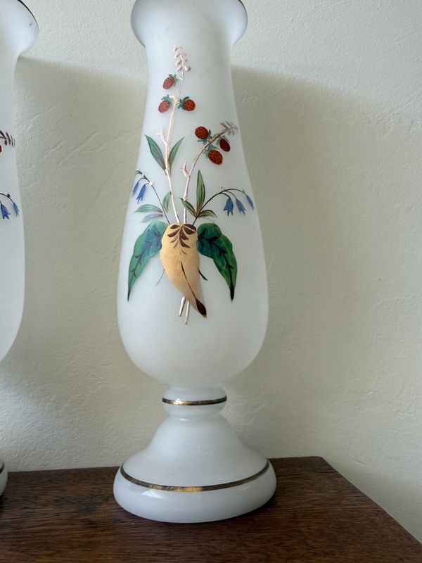 Pair of Victorian Bristol Glass Enamel painted Vases w/Berries and Floral