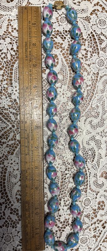 Hand Knotted and Painted Floral Asian Pastel Bead Vintage Necklace