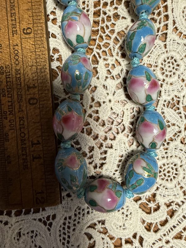 Hand Knotted and Painted Floral Asian Pastel Bead Vintage Necklace
