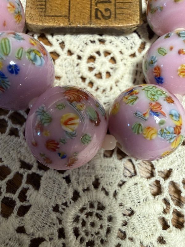 Vintage Opaque Pink Millefiori Glass Graduated Bead Necklace with Barrel Clasp