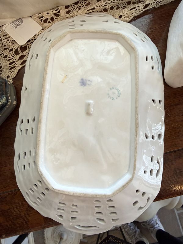 Victorian Porcelain Lattice C.T. Germany Handled Dish Pink and Gold Leaf Detail