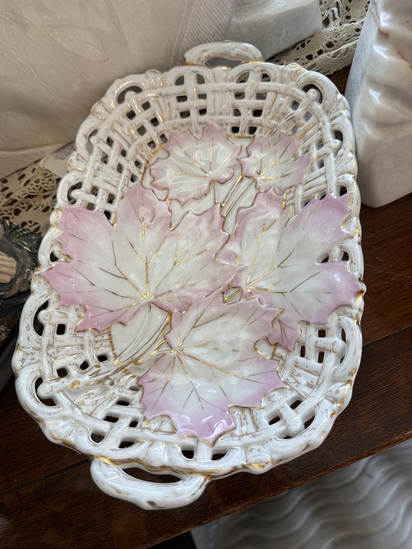 Victorian Porcelain Lattice C.T. Germany Handled Dish Pink and Gold Leaf Detail