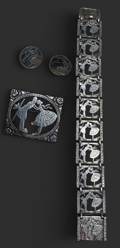 Deco Era Sterling Demi-parure Brooch, Bracelet, and Earrings Courting Couple