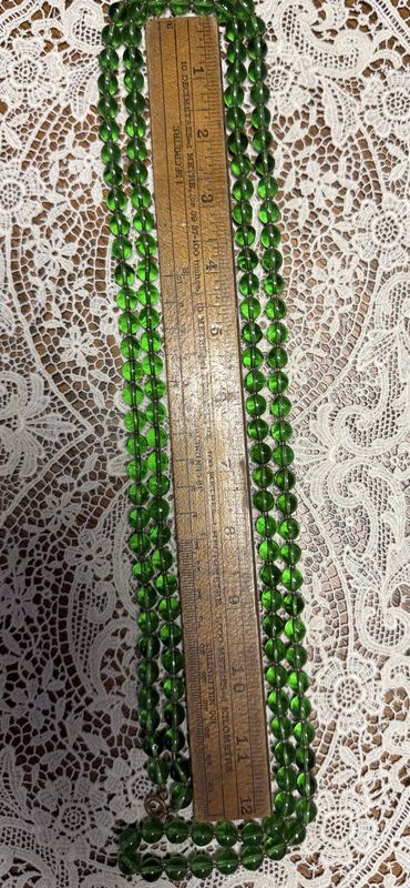 Edwardian Opera Length Green Glass Bead necklace w/ Spring Clasp