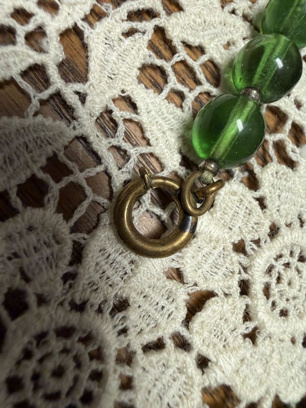 Edwardian Opera Length Green Glass Bead necklace w/ Spring Clasp
