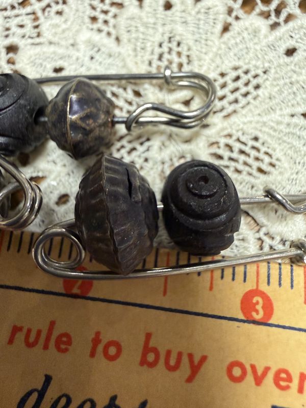 #52 Antique Beads on Kilt Pin Carved Wood &amp; Bronze Wrapped