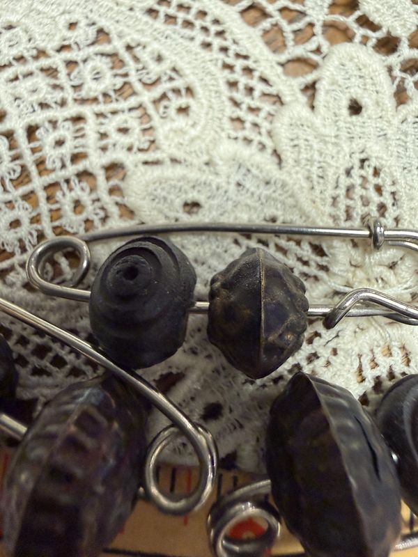 #52 Antique Beads on Kilt Pin Carved Wood &amp; Bronze Wrapped