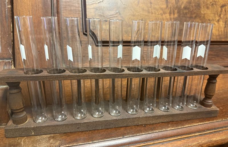 Antique Wood Test Tube Rack with 10 Glass Test Tubes