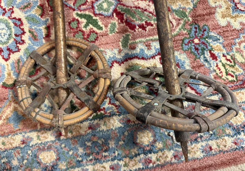Pair Antique Nordic Wood Ski Poles with Leather Grips and Rattan Baskets