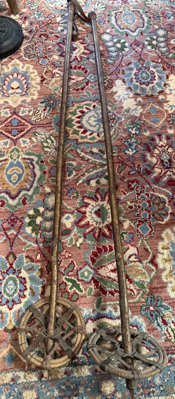 Pair Antique Nordic Wood Ski Poles with Leather Grips and Rattan Baskets