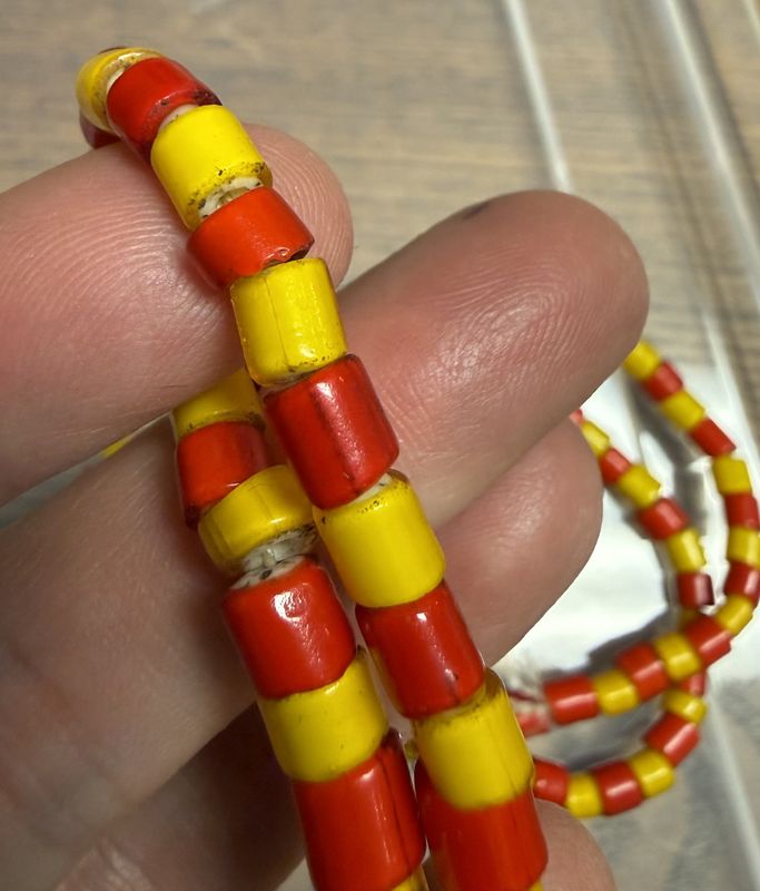 Antique Trade Heishi Encased Glass Bead Strand Coral and YellowColor
