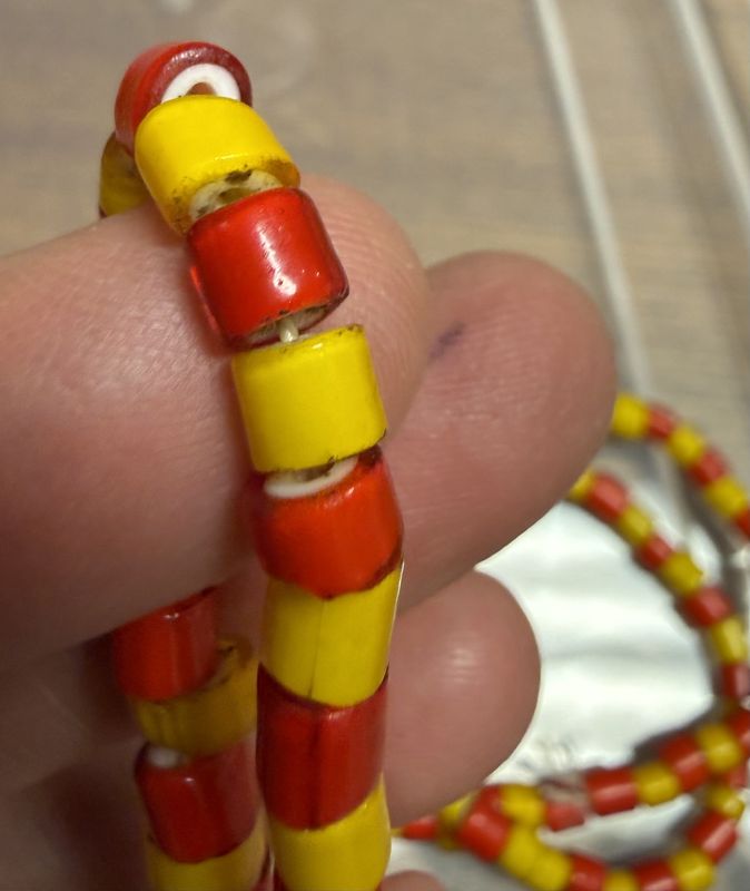 Antique Trade Heishi Encased Glass Bead Strand Coral and YellowColor