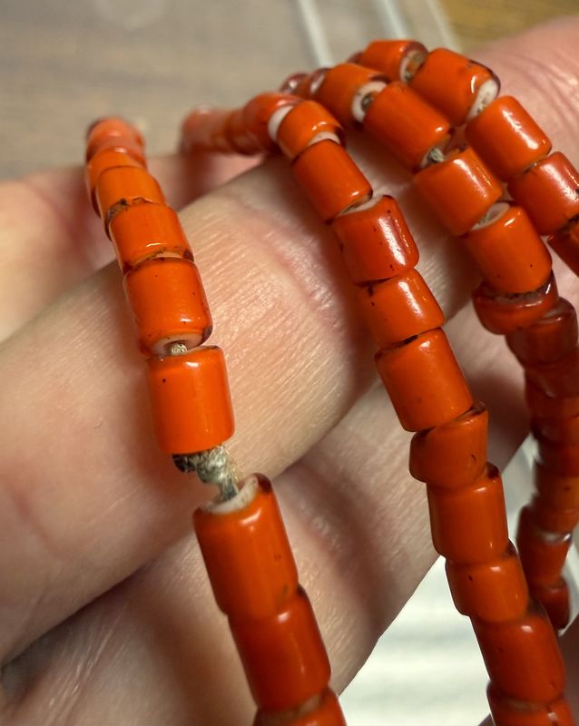 The Real Deal Antique Trade Heishi Encased Glass Bead Strand Coral Color