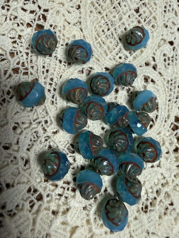 #64 11X10mm Czech Glass Faceted Aqua Opal Bead EACH