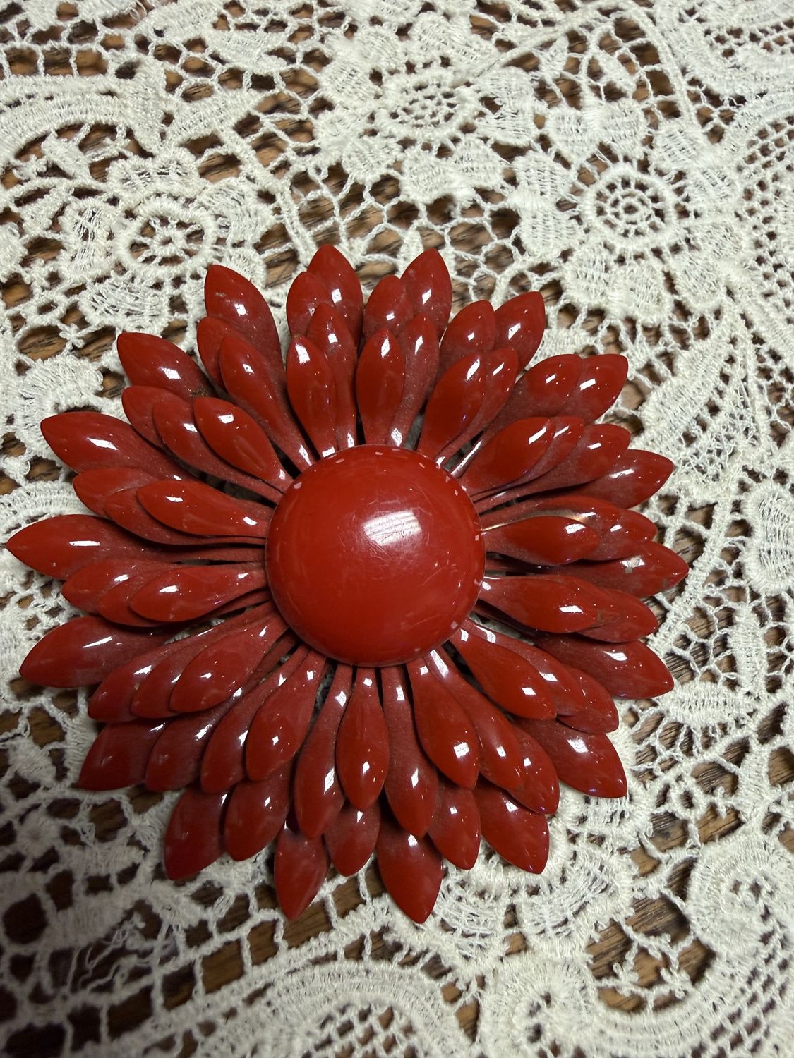 Vintage Mid-Century Enamel Painted Red Flower Brooch