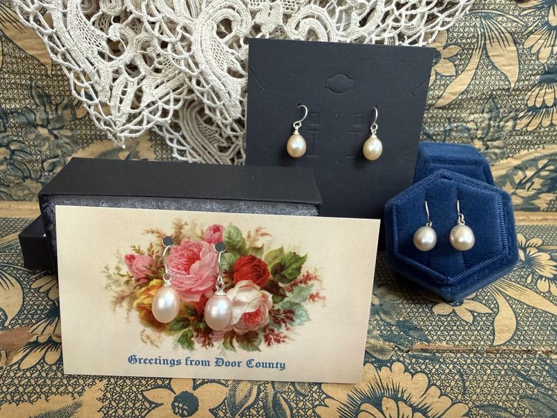 Greetings from Door County Pearl Earrings on Card